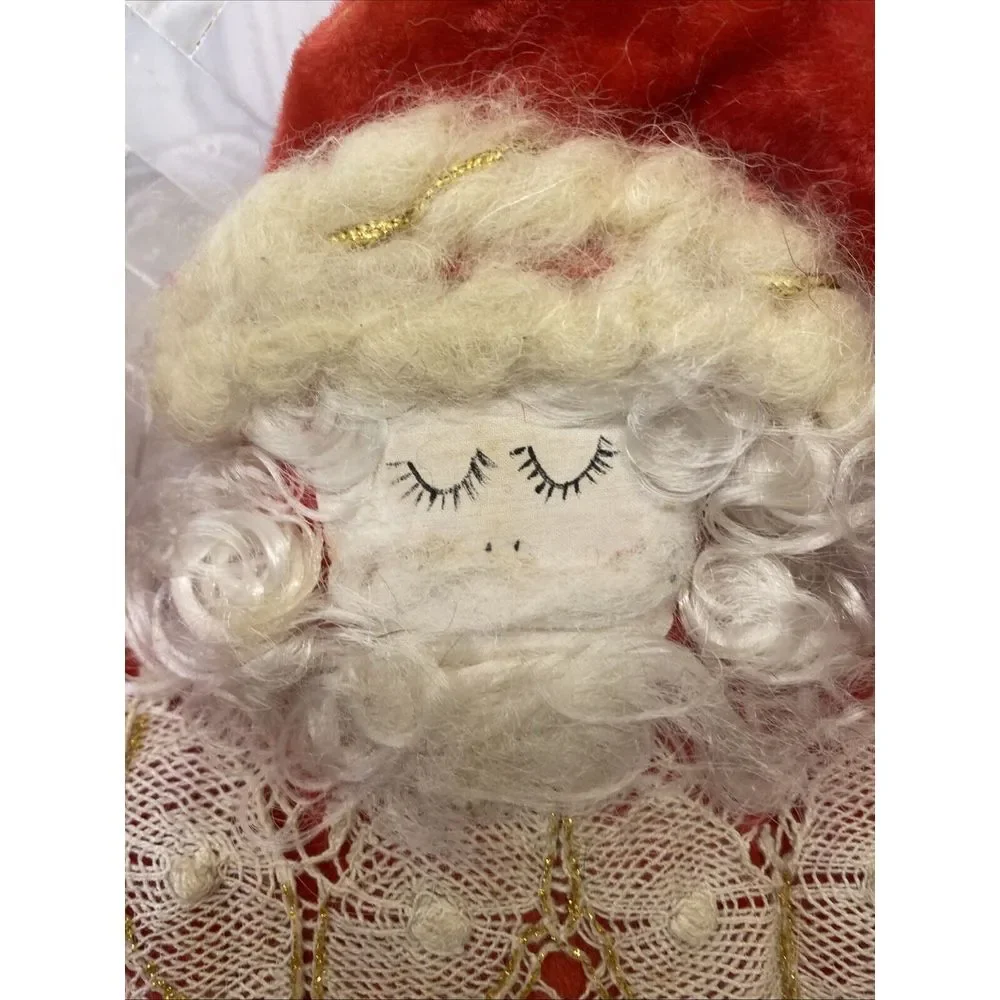 Rare Vintage Santa Claus MCM Cloth Velvet? Lace? Pillow‎ Christmas Moon Angel